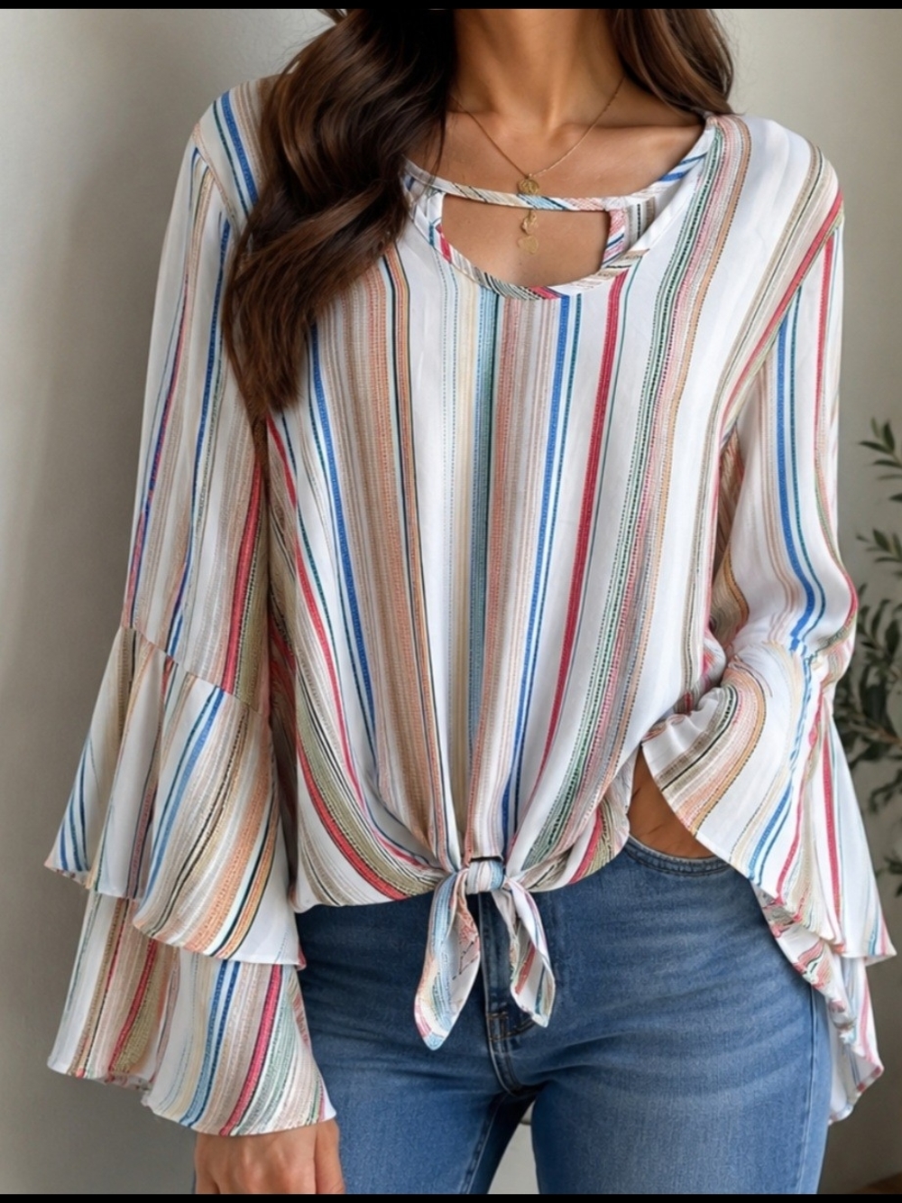 Signature Studio Multicolor Striped Tie-Front Blouse